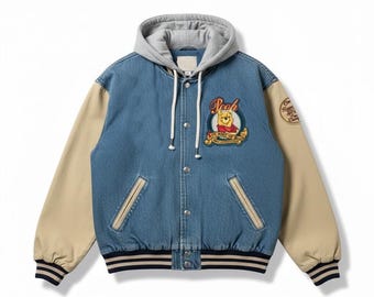 Unisex Custom 90s  Winnie The Pooh Inspired Varsity Denim Jacket | Leather jacket
