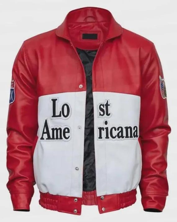 MGK Inspired Bomber Real Leather Jacket - Lost Americana Red & White with Embroidered Details