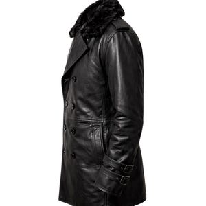 May include: Black leather coat with a faux fur collar. The double-breasted coat features multiple buttons and adjustable cuffs with buckles. A classic outerwear piece.