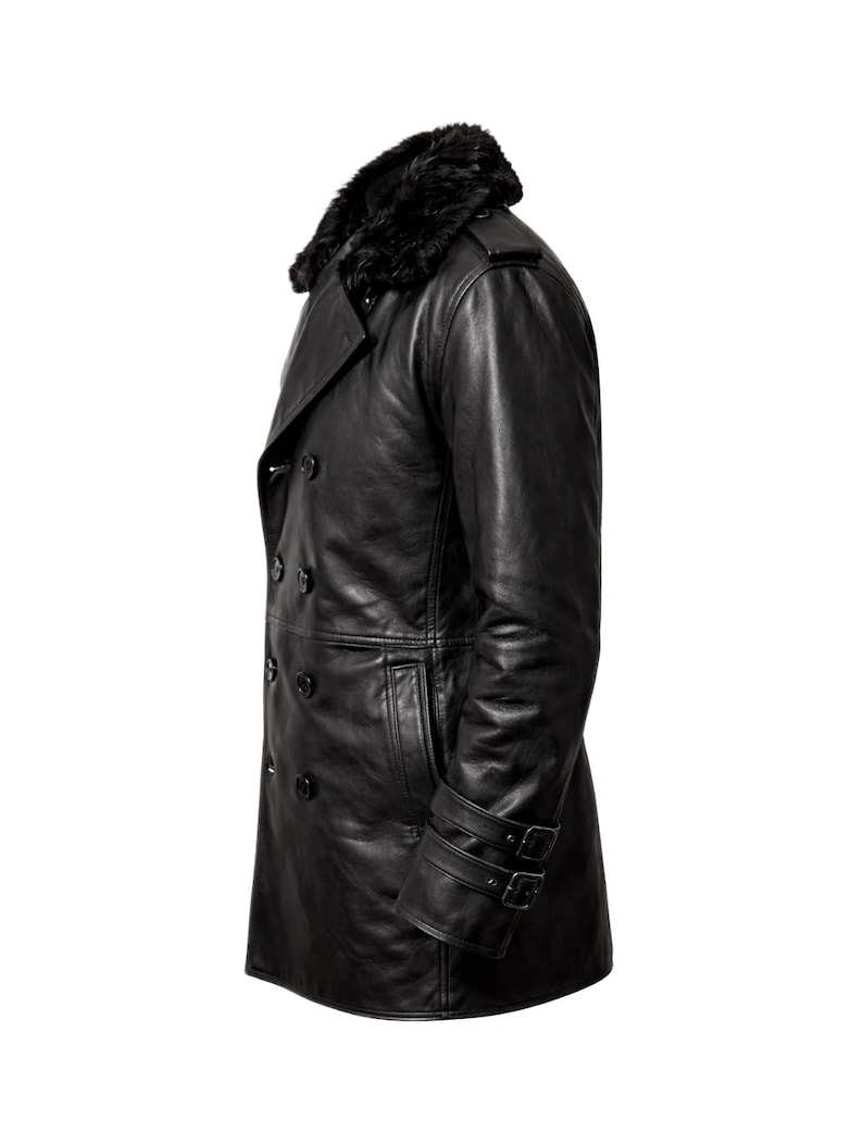 May include: Black leather coat with a faux fur collar. The double-breasted coat features multiple buttons and adjustable cuffs with buckles. A classic outerwear piece.