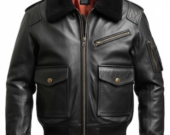 Men’s Black Real Leather Aviator Bomber Jacket  Shearling Collar Flight | Retro Pilot Outerwear Gift for Him