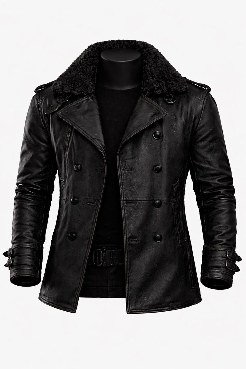 May include: Black leather jacket with a double-breasted design, featuring a faux fur collar and button closures. The jacket has a belt and buckle details on the sleeves. A classic outerwear piece.