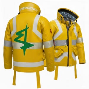 May include: Two yellow emergency jackets with white and reflective stripes. The jackets have the word "EMERGENCY" on the collar and a green and white graphic on the back. The jackets have multiple pockets and straps.