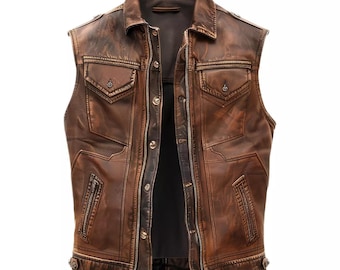 Men's Distressed Brown Lambskin Leather Biker Vest - Vintage Style