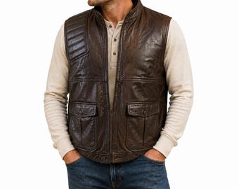 Herren Vintage Braun Echtleder Gebrauchsweste - Ärmellose Bikerjacke Gepolsterte Schulter Cargo Taschen Weste Geschenk für Ihn