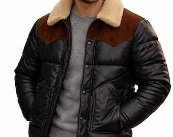 Vintage Leather Puffer Jacket with Shearling Collar – Two-Tone Brown & Black Winter Coat