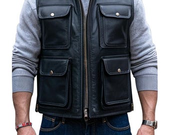 Débardeur biker en cuir noir pour homme | Gilet de moto utilitaire fait main