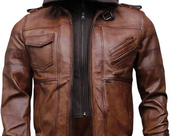 Men's Hooded Lambskin Leather Bomber Jacket - Vintage Style Motorcycle Biker Jacket