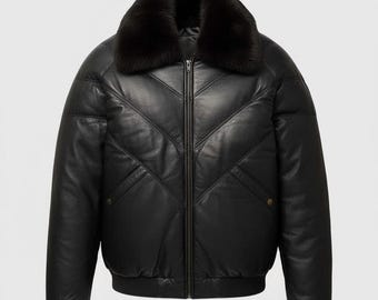 Men's Real V Bomber Real Lambskin Leather Puffer Jacket: Quilted Fur Collar