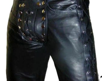 Real Leather Gay Pants: Studded Lace-Up Pouch, Back Zipper