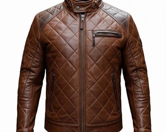 Men’s Quilted Real Lambskin Leather Jacket Vintage Brown Biker Style Motorcycle Jacket
