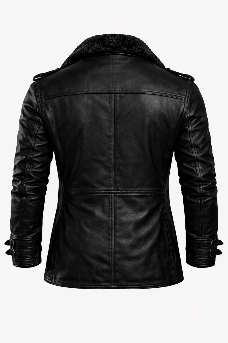 May include: Black leather jacket with a faux fur collar. The jacket features a tailored fit, buttoned cuffs, and shoulder epaulettes. The back view showcases the jacket's seams and design details.