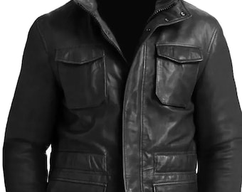 Men’s Black M65 American Real Lambskin Leather Field Jacket – Multi-Pocket Army Style Coat