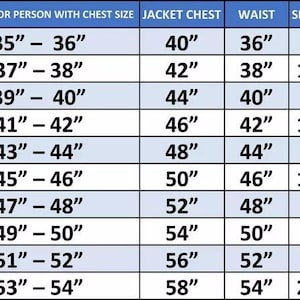 May include: A size chart for jackets, with measurements in inches. The chart includes sizes from XXSmall to XXXXXLarge, detailing chest size, jacket chest, waist, shoulder, sleeve, and length measurements.