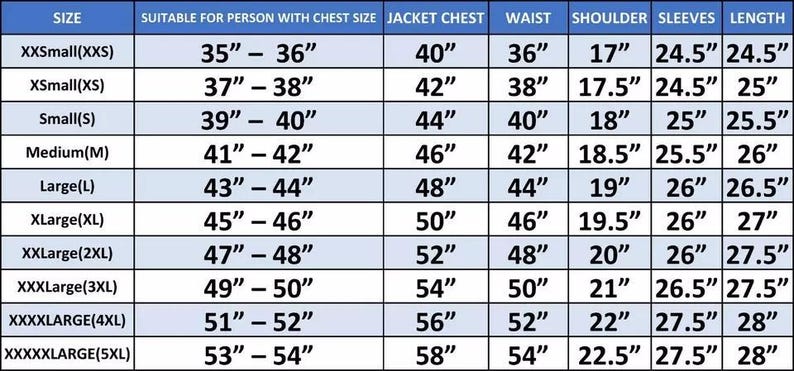 May include: A size chart for jackets, with measurements in inches. The chart includes sizes from XXSmall to XXXXXLarge, detailing chest size, jacket chest, waist, shoulder, sleeve, and length measurements.