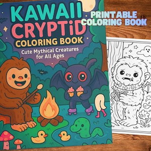 Kawaii Cryptid-kleurboek, schattige mythische wezens, afdrukbare kleurplaten, Bigfoot Mothman Nessie, ontspannend en schattig.