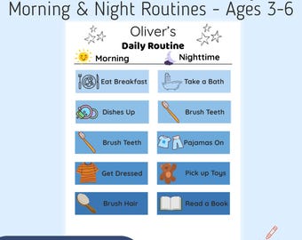 Tabla de rutinas para niños: Horario visual matutino y nocturno de 3 a 6 años. Paquete imprimible en PDF con opción de nombre editable.