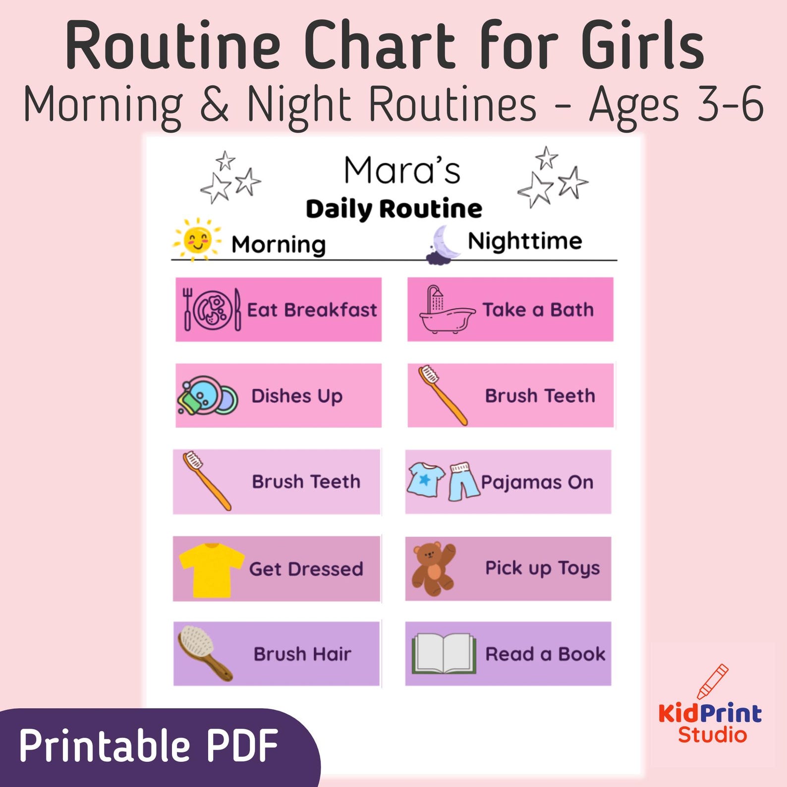 Routine Chart for Girls – Morning & Night Visual Schedule Ages 3–6 ...