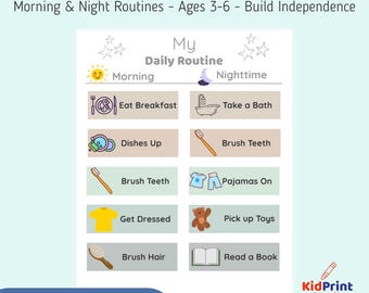 May include: A printable children's routine chart with morning and night activities. The chart includes illustrations for tasks such as eating breakfast, brushing teeth, and getting dressed. Text at the top reads "Routine Chart for Kids".