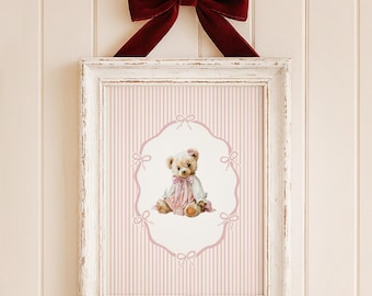 Vintage Pink Bear Wall Art, Girl Nursery Decor Printable (Digital Download)
