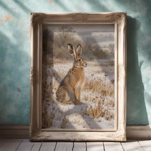 Lámina decorativa de animales del bosque para imprimir, lámina de liebre invernal, decoración rústica para habitación infantil, descarga digital.