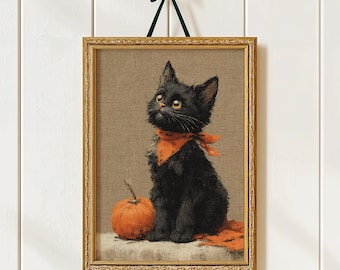 Pôster de parede vintage de Halloween com gato preto para impressão (download digital)
