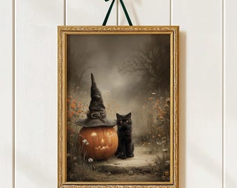 Cute Black Cat Halloween Prints, Cozy Spooky Pumpkin Vintage Wall Art (Digital Download)