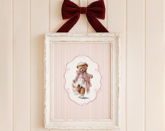 Fashion Pink Bear Wall Art, Modern Bow Girl Nursery Decor Printable (Digital Download)