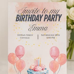Invito di compleanno rosa stampabile | Scarica PDF | Biglietto d'invito per festa di compleanno per bambine con torta e palloncini | Formati A5 e A6 | Download immediato