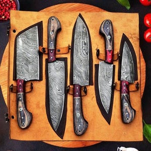 Handmade Damascus Chef Knife Set – 5‑Piece Chef Knife Set, Rosewood Handle, Luxury Gift for Chef, Anniversary Gift, Kitchen Knife Set