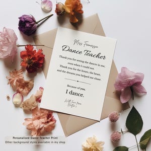 Regalo para profesor de baile, poema de agradecimiento imprimible, agradecimiento personalizado para profesor de baile, regalo para recital de ballet, fin de curso, fondo blanco.