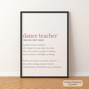 Definición de profesor de danza imprimible, decoración de estudio de danza, regalo para bailarín, regalo para profesor de danza, descarga instantánea, 4 colores, ballet o contemporáneo