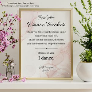 Cadeau pour professeur de danse, poème de remerciement à imprimer, remerciement personnalisé pour professeur de danse, cadeau de récital de danse, fin d'année, fond rose