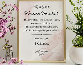 Dance Teacher Gift, Printable Thank You Poem, Personalised Dance Teacher Thank you, Dance Recital Gift, End of Year, RoseDust Background