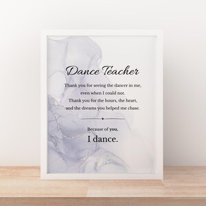 Regalo per insegnante di danza, poesia di ringraziamento stampabile, personalizzata o scaricabile immediatamente, regalo per saggio di danza, fine anno, sfondo SilverSmoke