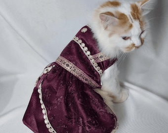 Indian-Inspired Pet Dress for Cats and Small Dogs – Handmade Traditional Outfit with Lace & Gold Detail – Perfect for Diwali, Weddings Fes