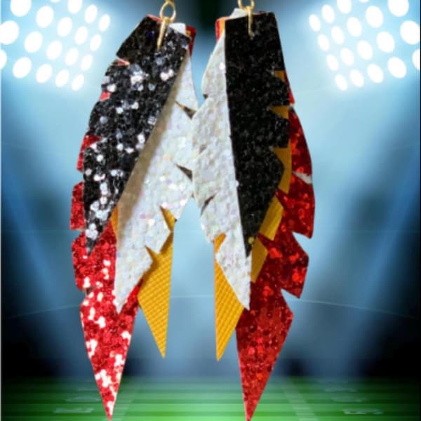 Chiefs Inspired Faux Leather and Glitter Canvas 4 Feather Earrings