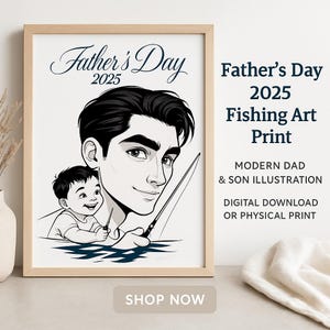 Fathers Day 2025 Fishing Art Print Modern Dad and Son Illustration | Digital Download