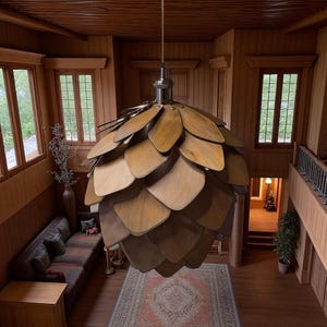 Wood Pendant Light Pinecone – Industrial Dark Oak Lamp for Living Room, Handmade Forest-Inspired Lighting for Dining, Kitchen, or Bedroom