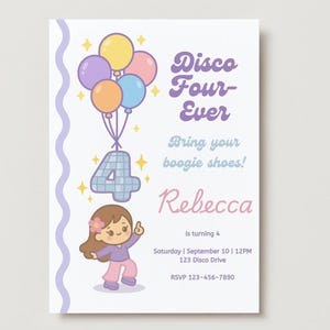 Disco 4. Geburtstag Party Einladung und Dankeskarten-Set für Mädchen, bearbeitbare Boogie Dance Party einladen, lila rosa Luftballons Vorlage