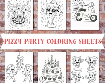 ピザパーティーの塗り絵 | かわいい印刷可能な塗り絵シート PDF | ピザの塗り絵シート | すぐにダウンロード
