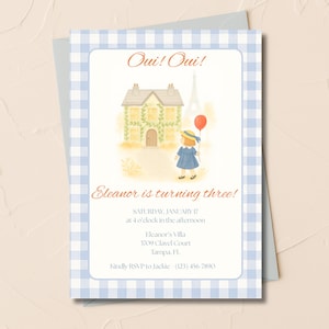 French Girl Birthday Invitation – Editable Canva Template | Oui Oui I&#39;m Three Parisian Party | Whimsical Watercolor House | Digital Download