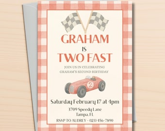 Two Fast Birthday Invitation – Vintage Race Car Theme Digital Party Invite - Racecar Party - Racing Birthday Theme
