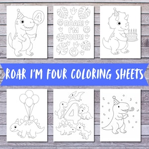 Może przedstawiać: Sześć czarno-białych arkuszy do kolorowania z ilustracjami dinozaurów. Jeden arkusz zawiera tekst "ROAR! I'M FOUR!", a inny "ROAR I'M FOUR COLORING SHEETS". Inne arkusze przedstawiają dinozaury z balonami, tortem urodzinowym i czapkami imprezowymi.