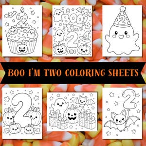 Peut inclure: Six feuilles de coloriage en noir et blanc sur le thème d'Halloween avec des fantômes, des citrouilles, des chauves-souris et le chiffre deux. Le texte BOO I'M TWO COLORING SHEETS est affiché sur une bannière noire au centre des dessins.