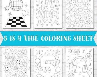 Five is a Vibe Coloring Pages Bundle | 5th Birthday Coloring Sheets | Printable PDF | Kids Birthday Activity | Five Party Decor