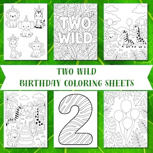 Könnte beinhalten: Eine Sammlung von sechs schwarz-weißen "Two Wild Birthday Coloring Sheets". Die Blätter zeigen verschiedene Dschungeltiere, Luftballons und die Zahl zwei. Der Text "Two Wild" wird auf einigen Blättern angezeigt.
