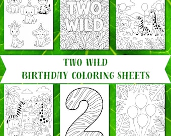 Two Wild Coloring Pages | 2nd Birthday Coloring Sheet Bundle | Jungle Safari Birthday Activity | Printable PDF | Two Wild Party Favor