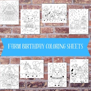 May include: A collection of black and white farm-themed coloring sheets. The sheets feature various farm animals, a barn, and the text "Farm Birthday Coloring Sheets". The images are displayed against a brick wall background.