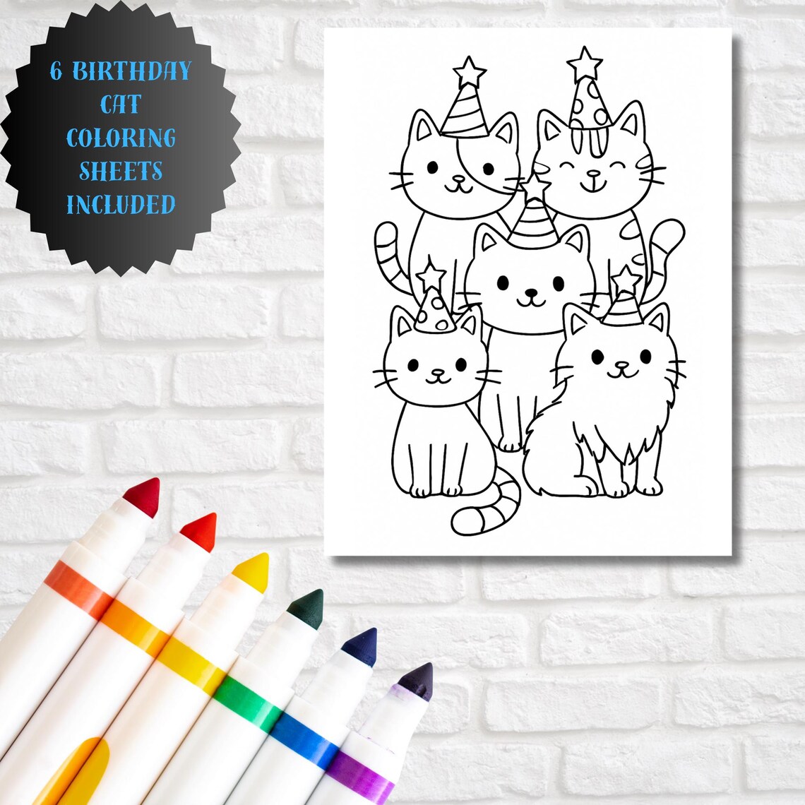 Cat Birthday Coloring Pages – Printable PDF – Cute Cartoon Cats Party ...